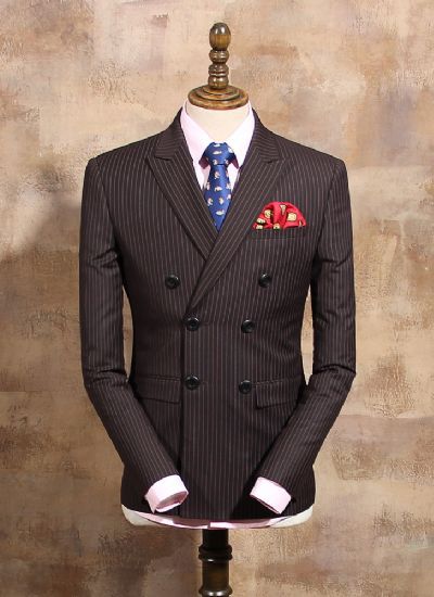  英倫紳士修身咖啡條紋雙排兩粒扣西裝外套 男士宴會西服