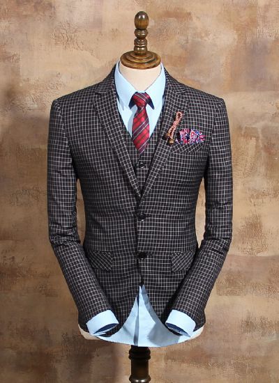  英倫復古黑格單排兩粒扣男士修身西裝潮 雅痞西服外套 男